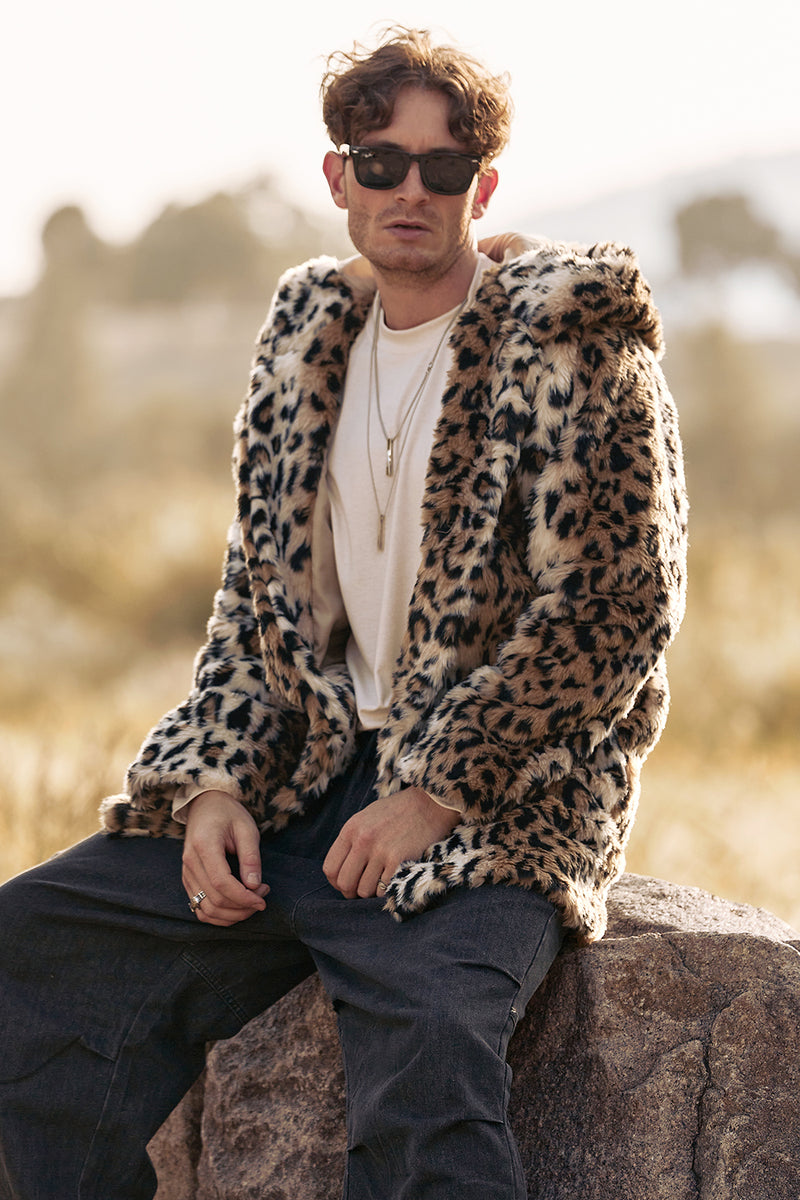 Load image into Gallery viewer, Leopard Print Men's Faux Fur Hooded Coat Mid-Long Fur Jacket