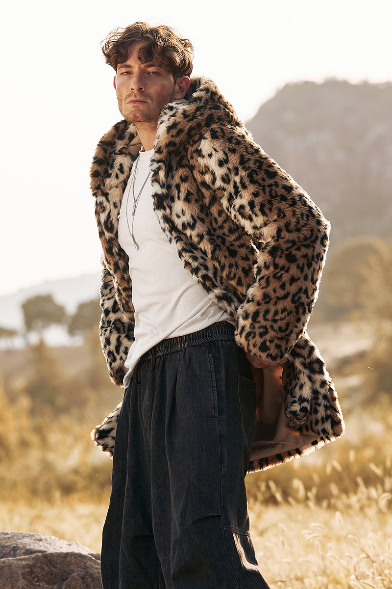 Load image into Gallery viewer, Leopard Print Men's Faux Fur Hooded Coat Mid-Long Fur Jacket