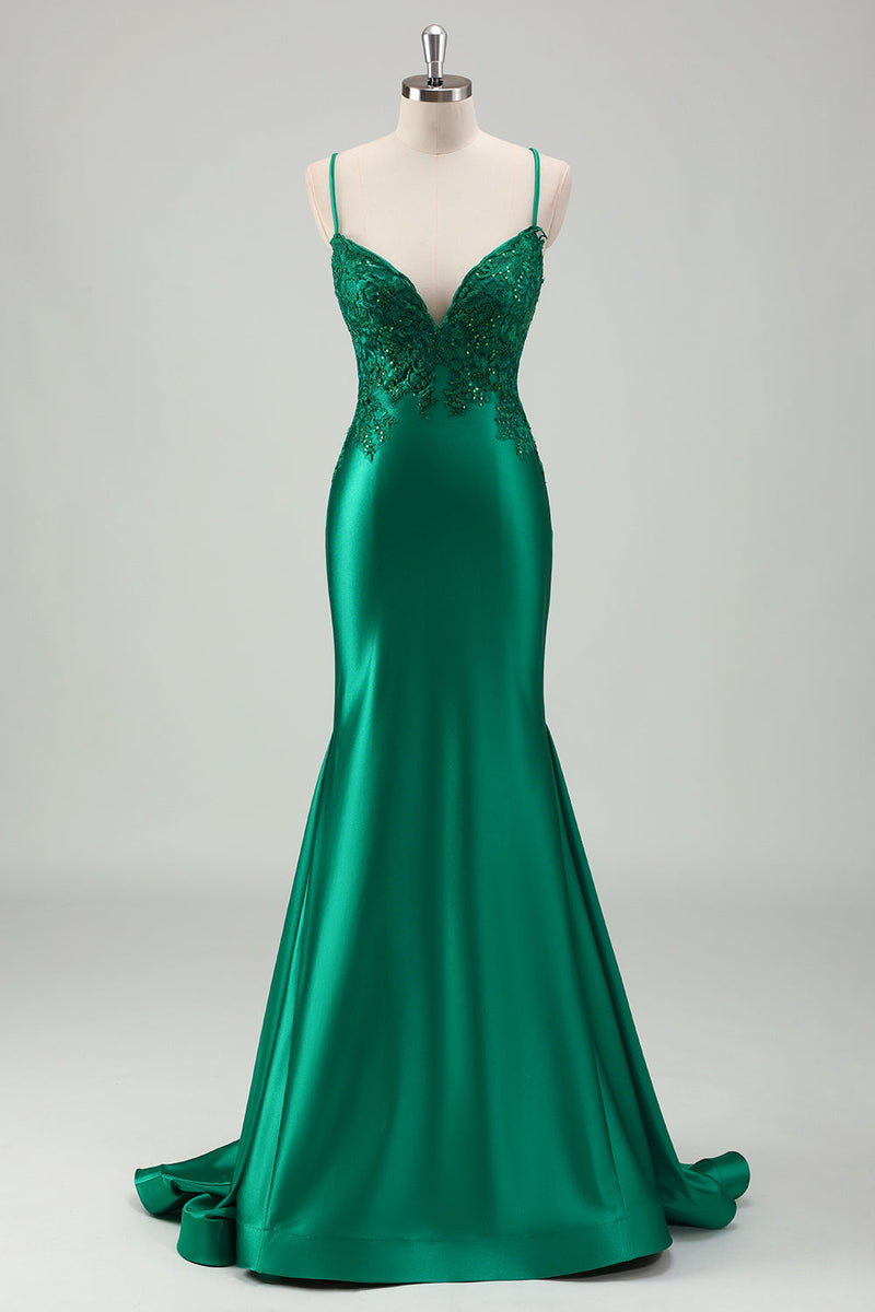 Load image into Gallery viewer, Sparkly Green Mermaid Satin Long Prom Dress with Appliques