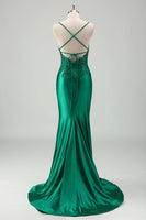 Load image into Gallery viewer, Sparkly Green Mermaid Satin Long Prom Dress with Appliques