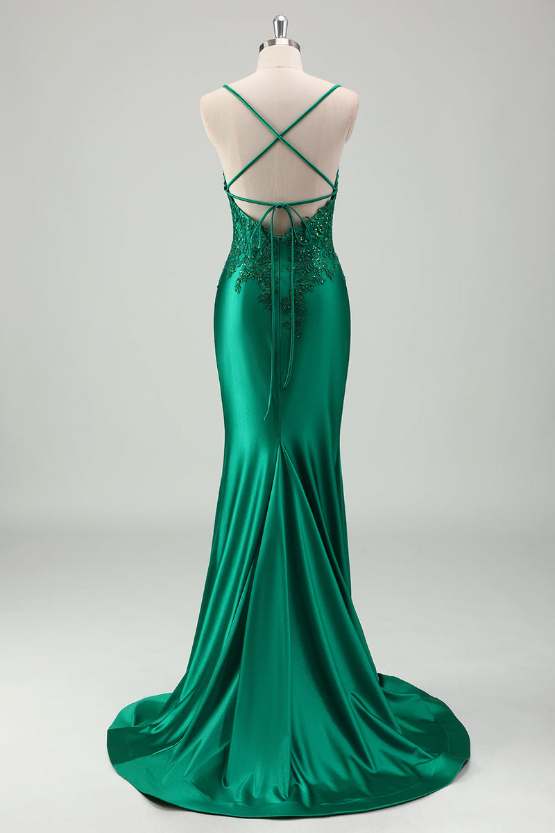 Load image into Gallery viewer, Sparkly Green Mermaid Satin Long Prom Dress with Appliques
