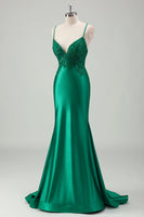 Load image into Gallery viewer, Sparkly Green Mermaid Satin Long Prom Dress with Appliques
