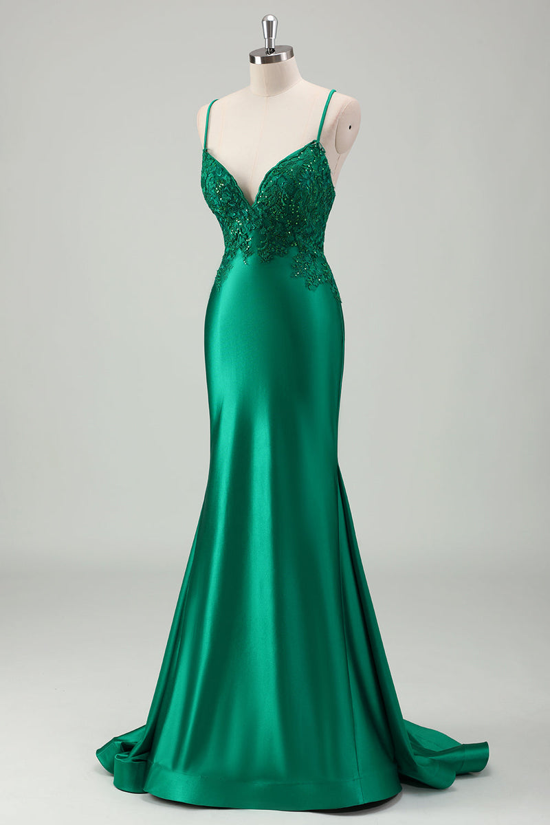 Load image into Gallery viewer, Sparkly Green Mermaid Satin Long Prom Dress with Appliques