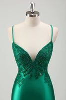 Load image into Gallery viewer, Sparkly Green Mermaid Satin Long Prom Dress with Appliques