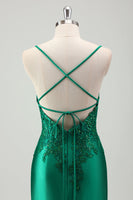 Load image into Gallery viewer, Sparkly Green Mermaid Satin Long Prom Dress with Appliques