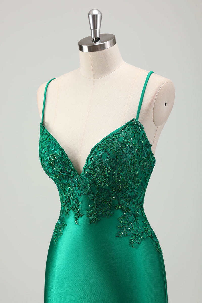 Load image into Gallery viewer, Sparkly Green Mermaid Satin Long Prom Dress with Appliques
