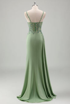 Light Green Mermaid Appliques Prom Dress with Slit