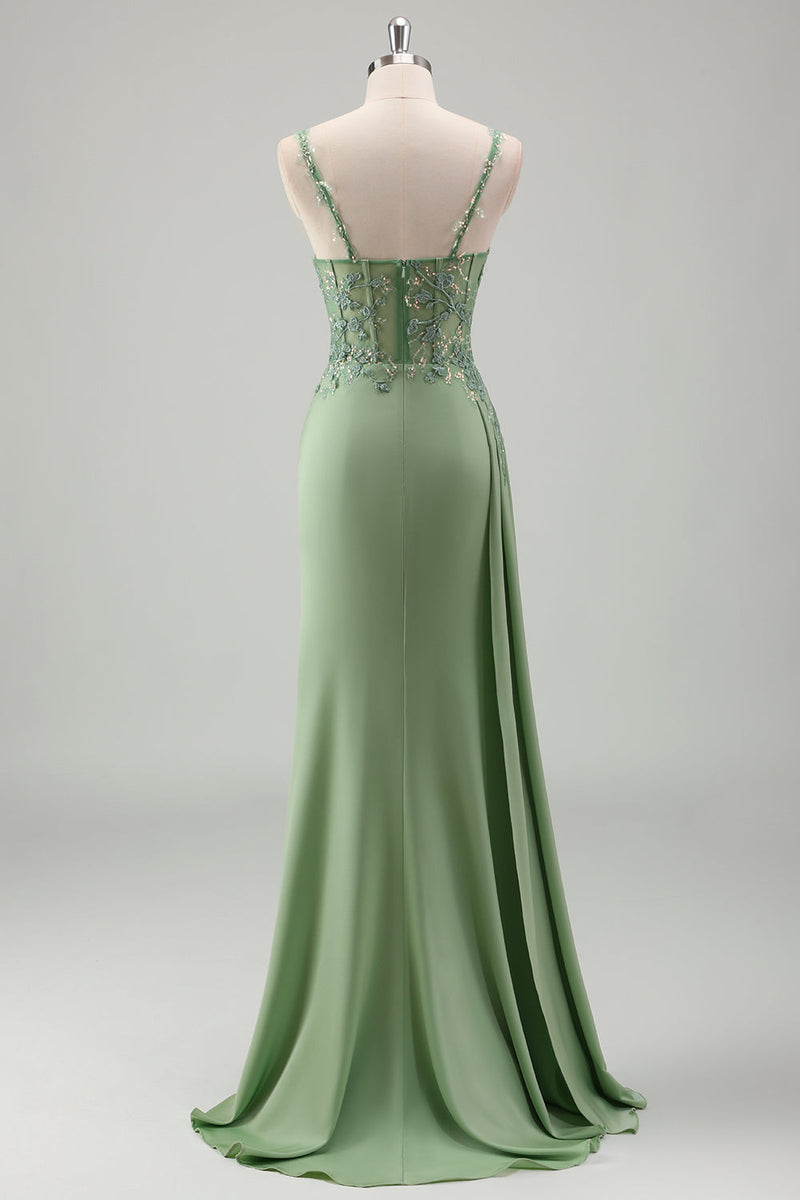 Load image into Gallery viewer, Light Green Mermaid Appliques Prom Dress with Slit