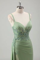 Load image into Gallery viewer, Light Green Mermaid Appliques Prom Dress with Slit