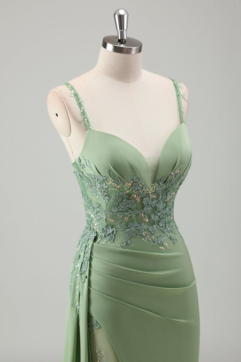 Load image into Gallery viewer, Light Green Mermaid Appliques Prom Dress with Slit