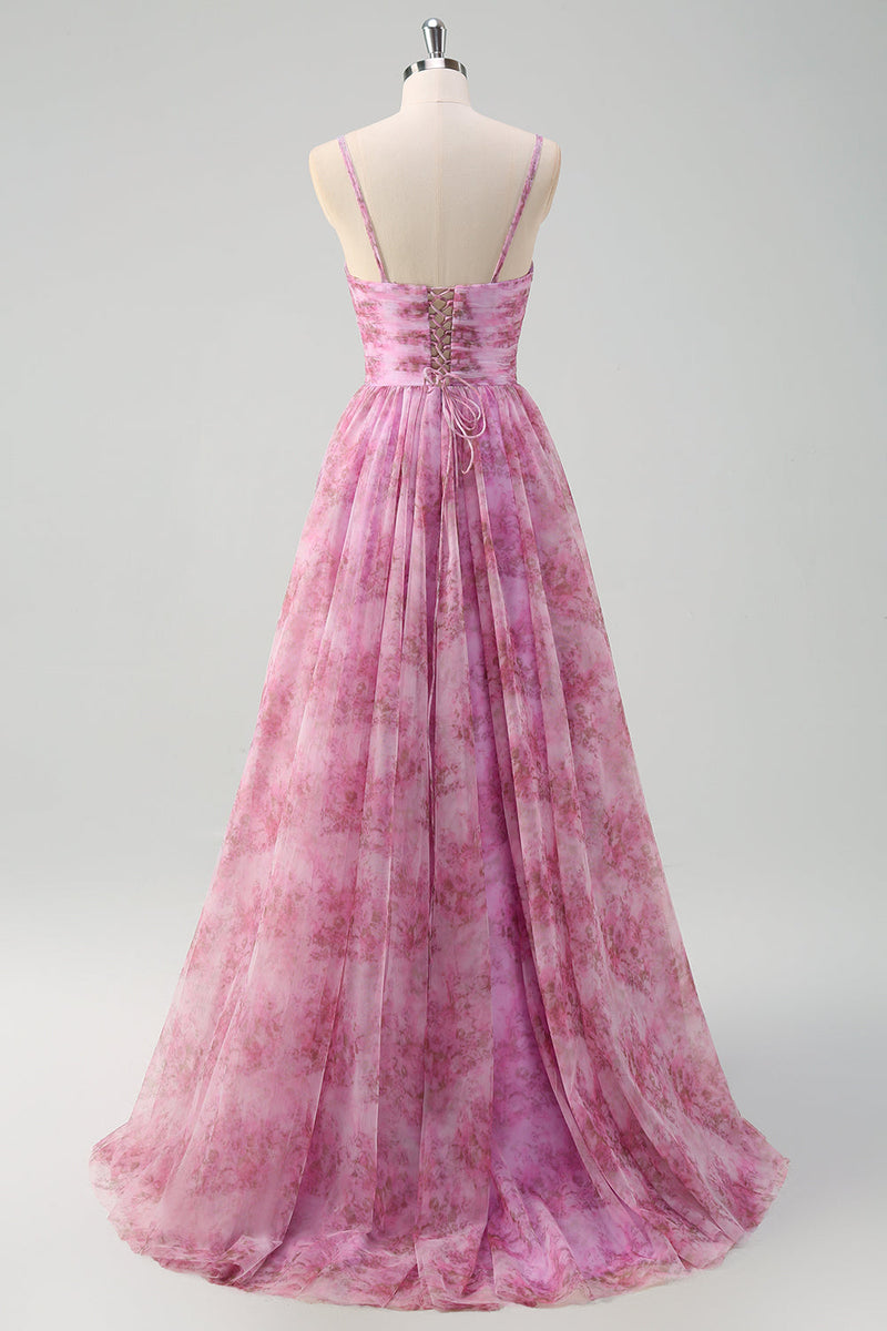 Load image into Gallery viewer, Pinkish Purple A Line Floral Spaghetti Straps Long Prom Dress