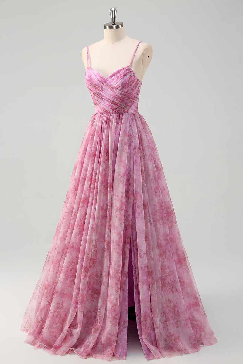 Load image into Gallery viewer, Pinkish Purple A Line Floral Spaghetti Straps Long Prom Dress