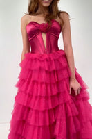 Load image into Gallery viewer, Fuchsia Sweetheart Corset A Line Tulle Tiered Long Prom Dress with Slit