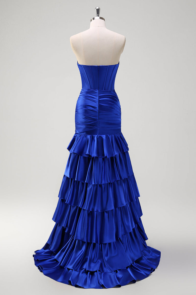Load image into Gallery viewer, Royal Blue Strapless Mermaid Corset Tiered Prom Dress