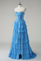 Load image into Gallery viewer, Blue Sweetheart A Line Ruffled Long Prom Dress
