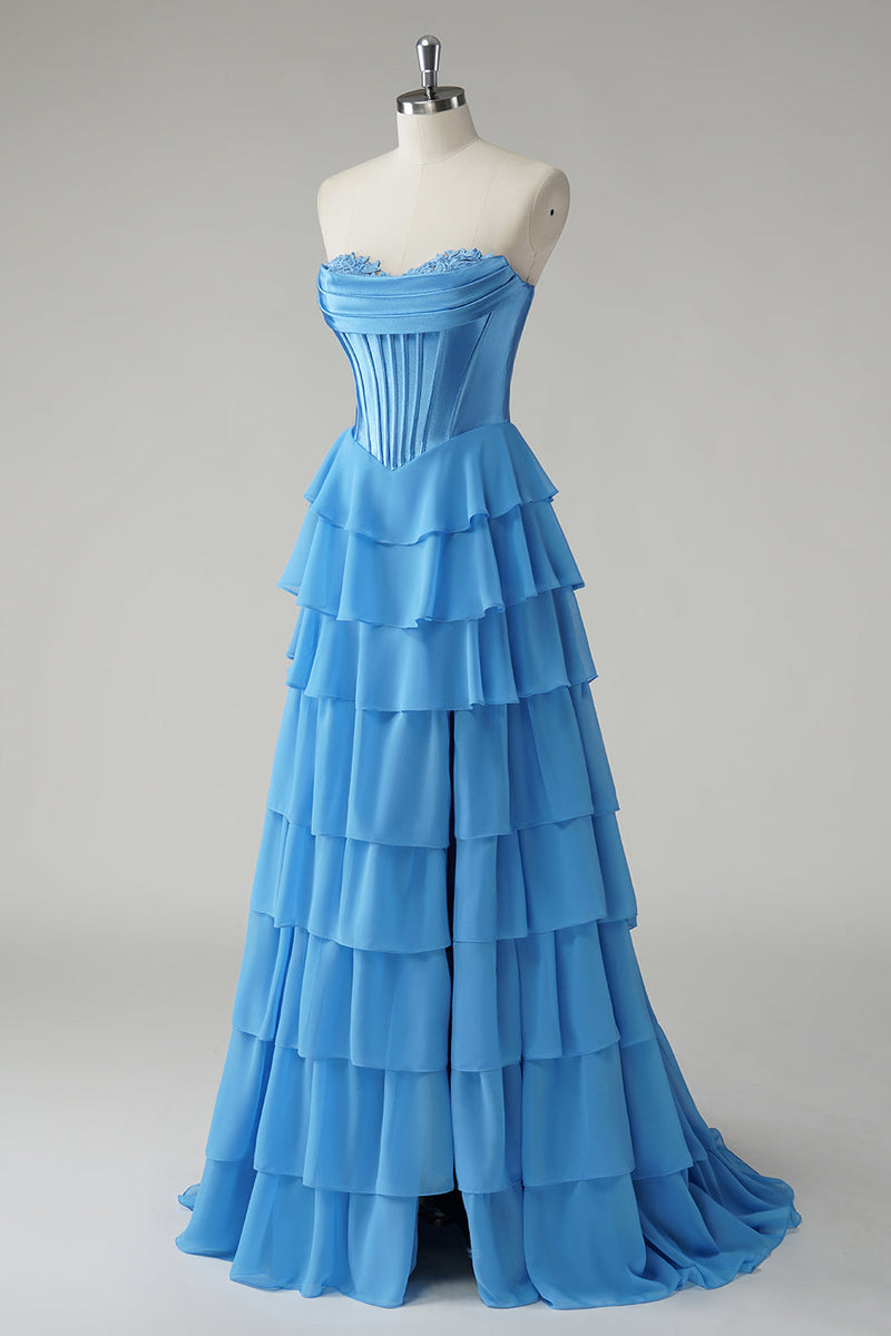 Load image into Gallery viewer, Blue Sweetheart A Line Ruffled Long Prom Dress