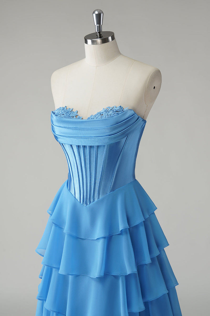 Load image into Gallery viewer, Blue Sweetheart A Line Ruffled Long Prom Dress