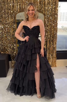 Load image into Gallery viewer, Black Tiered Corset Strapless A Line Long Prom Dress