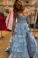 Load image into Gallery viewer, Black Tiered Corset Strapless A Line Long Prom Dress