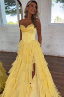 Load image into Gallery viewer, Black Tiered Corset Strapless A Line Long Prom Dress