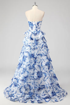 Blue White Flower A Line Tiered Long Prom Dress with Slit