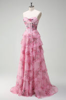 Load image into Gallery viewer, Blush Floral A Line Strapless Corset Tiered Prom Dress