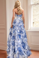 Load image into Gallery viewer, Blue White Flower A Line Tiered Long Prom Dress with Slit