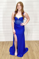 Load image into Gallery viewer, Sparkly Royal Blue Spaghetti Straps Mermaid Long Corset Prom Dress with Beaded