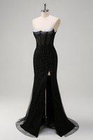 Load image into Gallery viewer, Sparkly Black Mermaid Corset Beaded Long Prom Dress with Slit