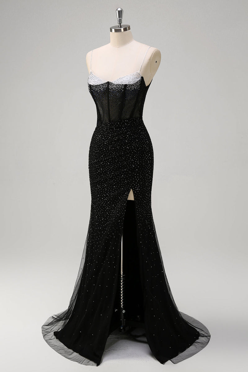 Load image into Gallery viewer, Sparkly Black Mermaid Corset Beaded Long Prom Dress with Slit