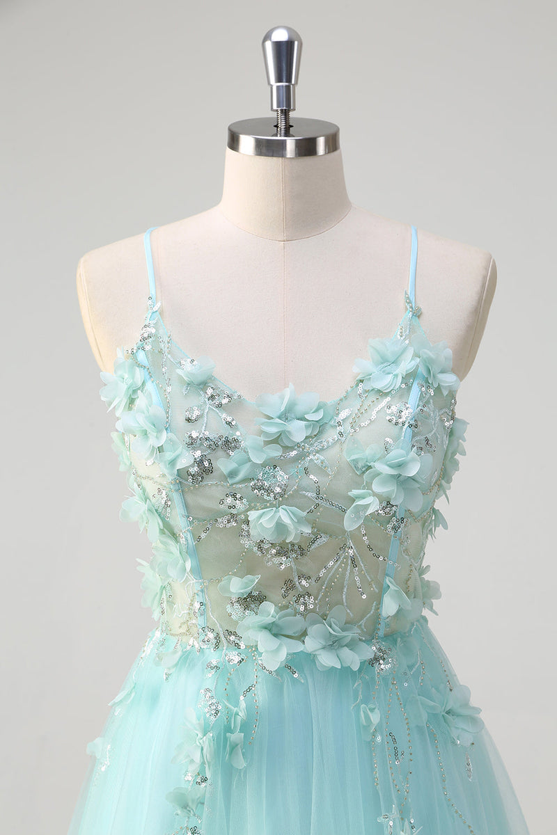 Load image into Gallery viewer, A Line Spaghetti Straps Green Sequin Prom Dress With 3D Flowers
