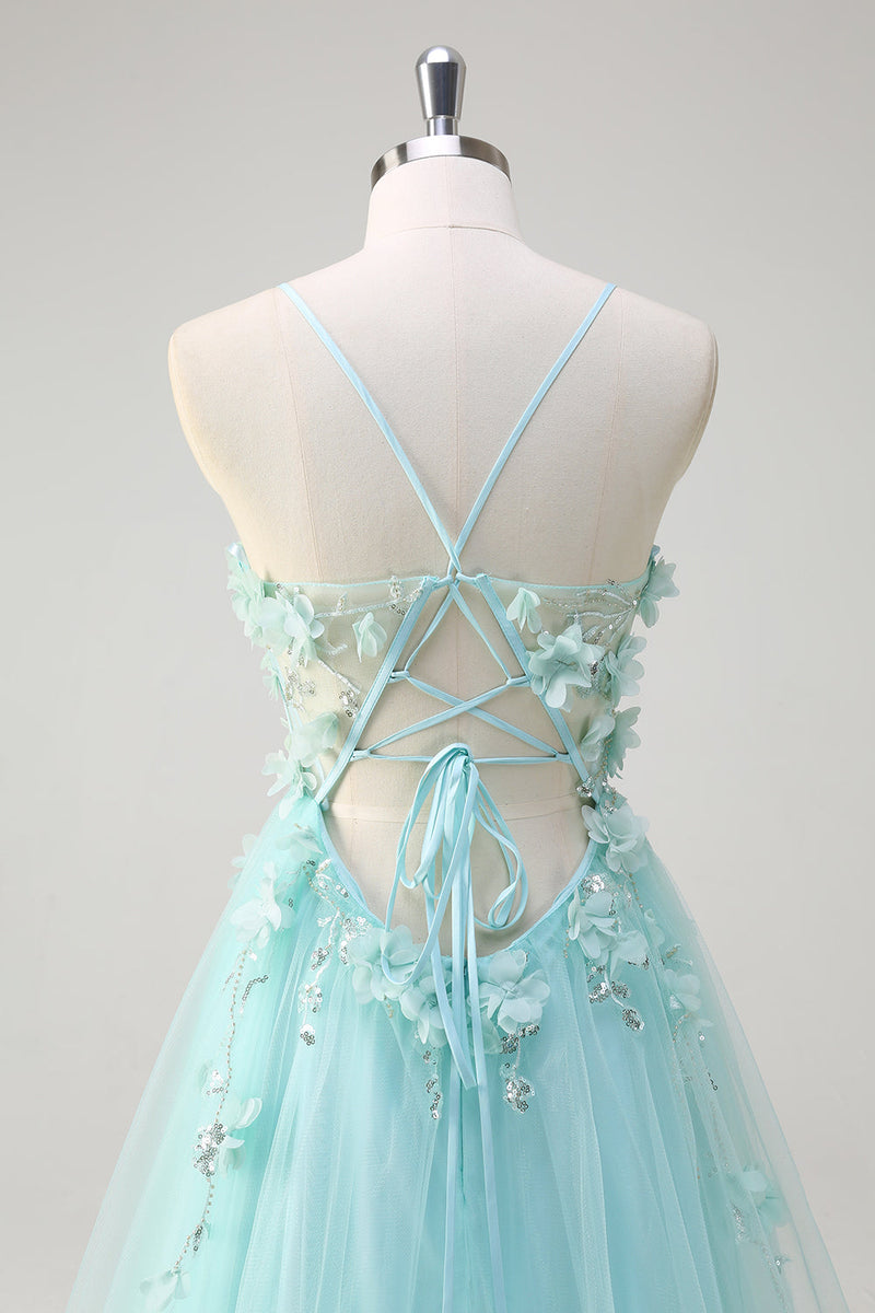 Load image into Gallery viewer, A Line Spaghetti Straps Green Sequin Prom Dress With 3D Flowers