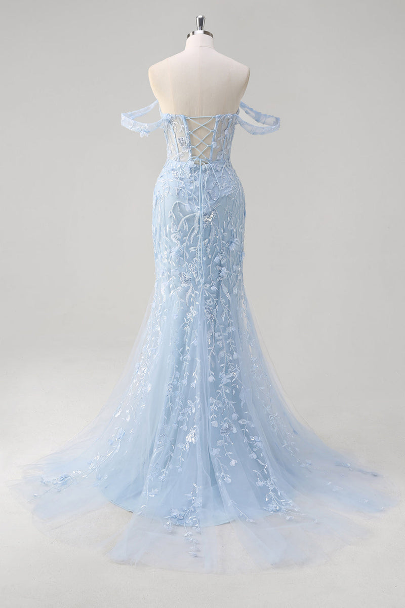 Load image into Gallery viewer, Off the Shoulder Blue Mermaid Sequin Floral Corset Prom Dress