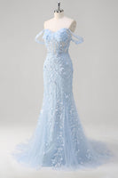 Load image into Gallery viewer, Off the Shoulder Blue Mermaid Sequin Floral Corset Prom Dress