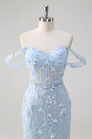 Load image into Gallery viewer, Off the Shoulder Blue Mermaid Sequin Floral Corset Prom Dress