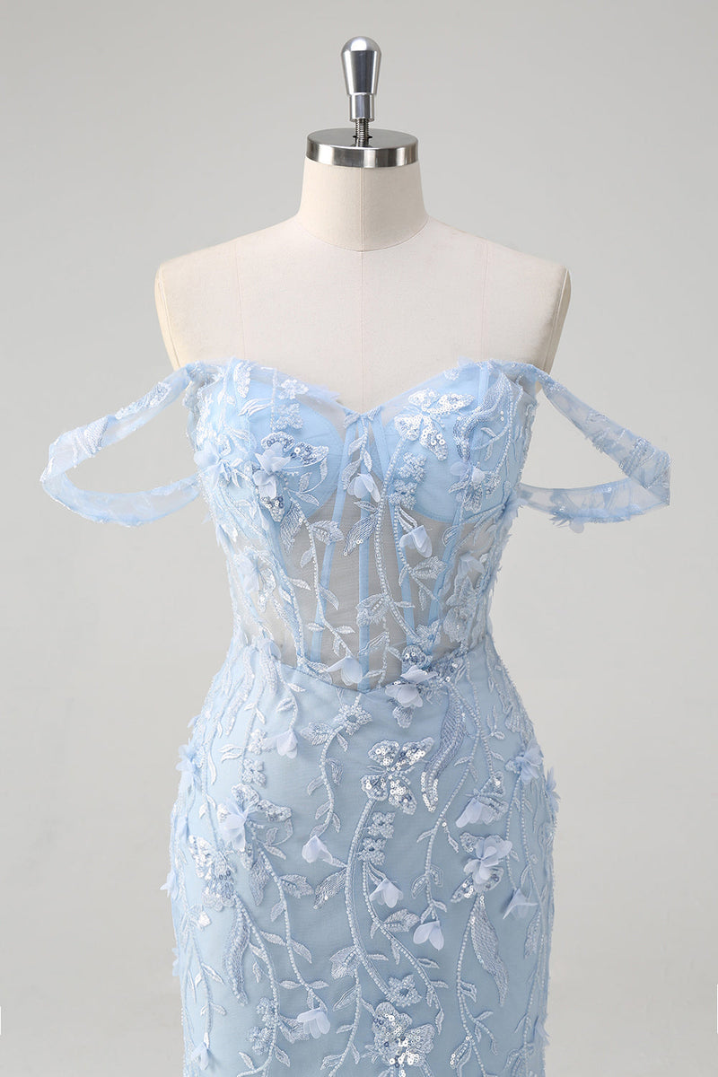 Load image into Gallery viewer, Off the Shoulder Blue Mermaid Sequin Floral Corset Prom Dress
