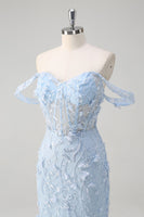 Load image into Gallery viewer, Off the Shoulder Blue Mermaid Sequin Floral Corset Prom Dress