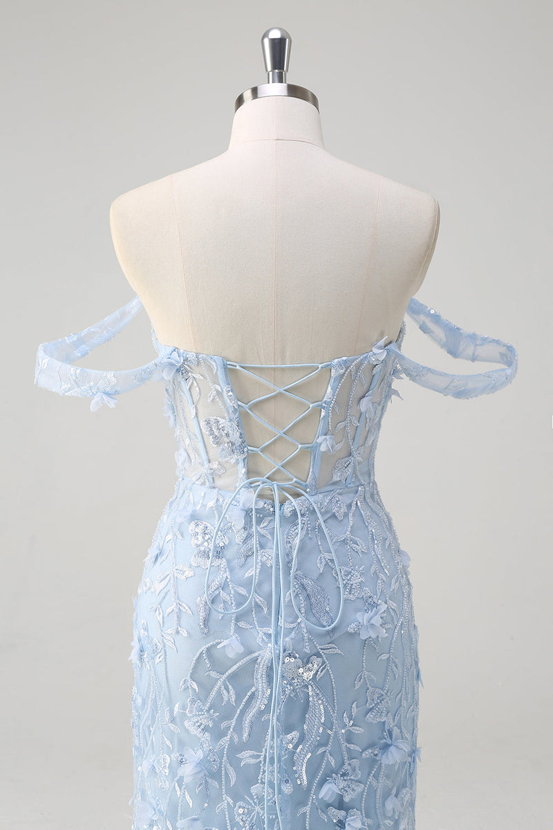 Load image into Gallery viewer, Off the Shoulder Blue Mermaid Sequin Floral Corset Prom Dress
