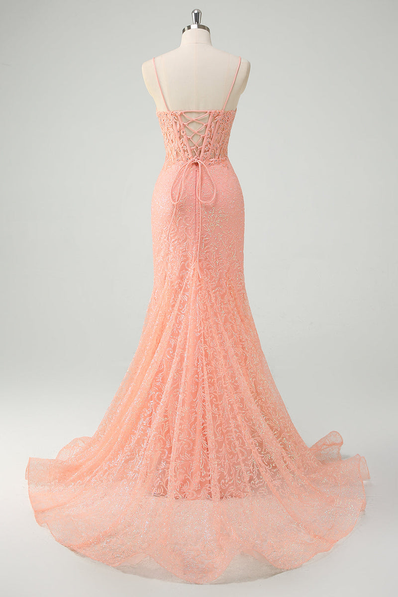 Load image into Gallery viewer, Orange Spaghetti Straps Mermaid Corset Sequined Prom Dress
