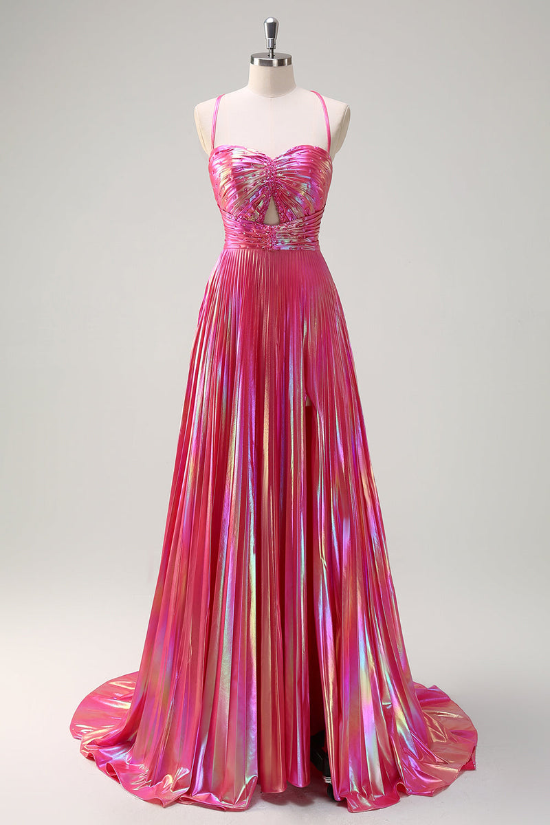 Load image into Gallery viewer, Fuchsia A Line Metallic Pleated Long Prom Dress with Slit
