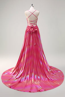 Fuchsia A Line Metallic Pleated Long Prom Dress with Slit