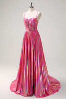 Load image into Gallery viewer, Fuchsia A Line Metallic Pleated Long Prom Dress with Slit