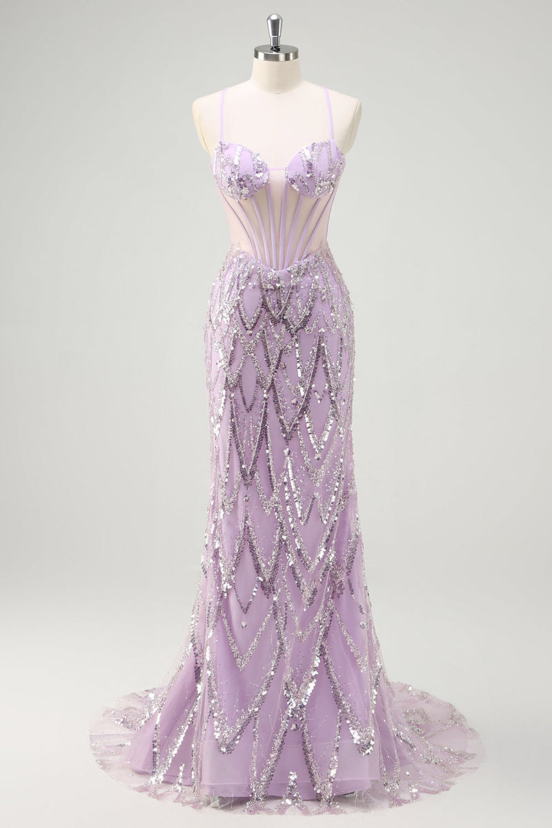 Load image into Gallery viewer, Mermaid Lilac Spaghetti Straps Corset Sequin Long Prom Dress