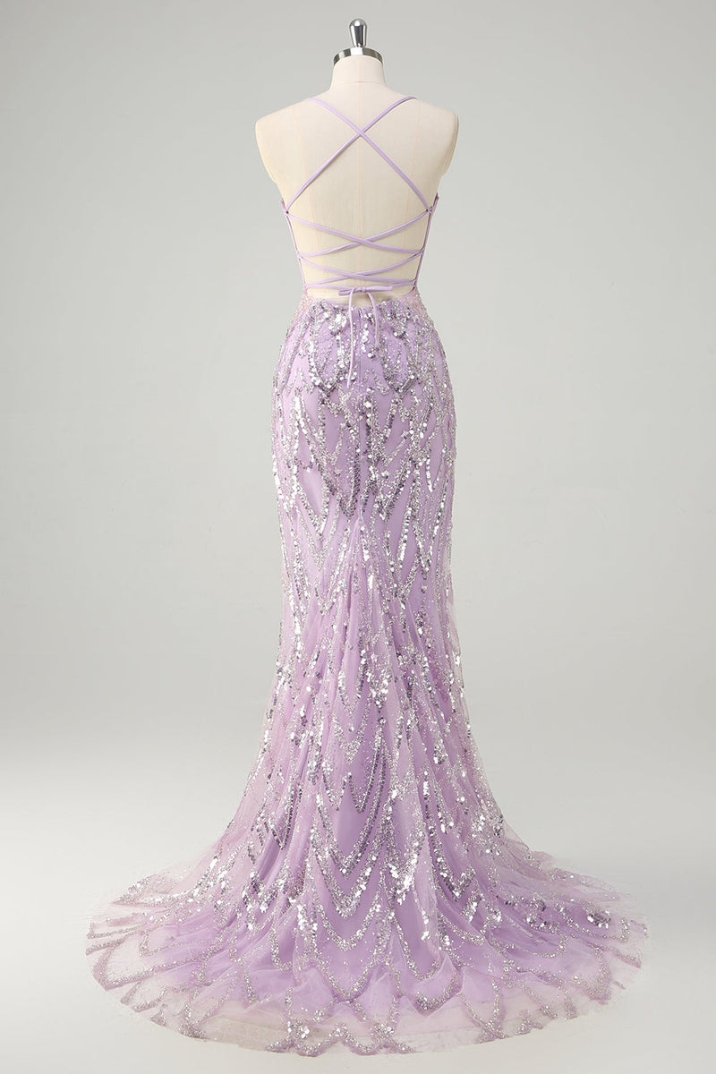 Load image into Gallery viewer, Mermaid Lilac Spaghetti Straps Corset Sequin Long Prom Dress