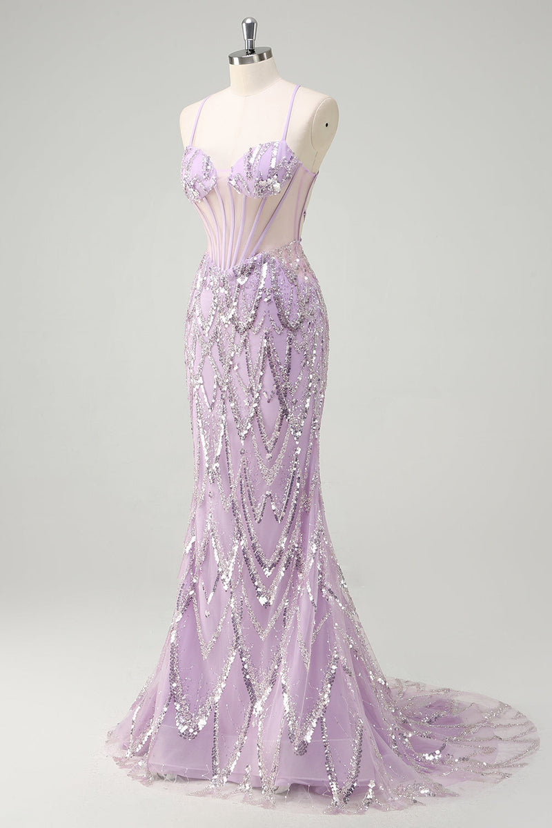 Load image into Gallery viewer, Mermaid Lilac Spaghetti Straps Corset Sequin Long Prom Dress