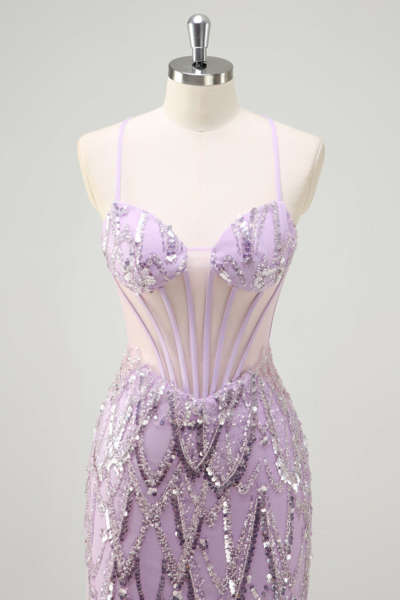 Load image into Gallery viewer, Mermaid Lilac Spaghetti Straps Corset Sequin Long Prom Dress