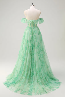 Green A Line Off The Shoulder Corset Ruffled Long Prom Dress