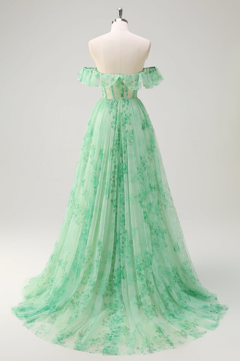 Load image into Gallery viewer, Green A Line Off The Shoulder Corset Ruffled Long Prom Dress