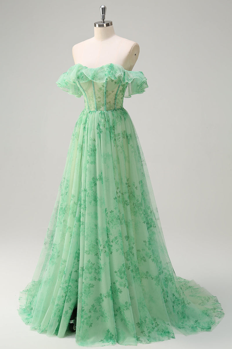Load image into Gallery viewer, Green A Line Off The Shoulder Corset Ruffled Long Prom Dress