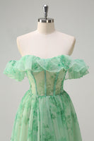Load image into Gallery viewer, Green A Line Off The Shoulder Corset Ruffled Long Prom Dress